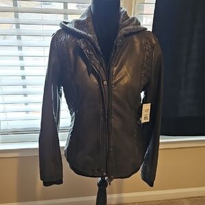 NWT! Mo-Ka Women's Grey Leather-like Bomber Jacket with Hood